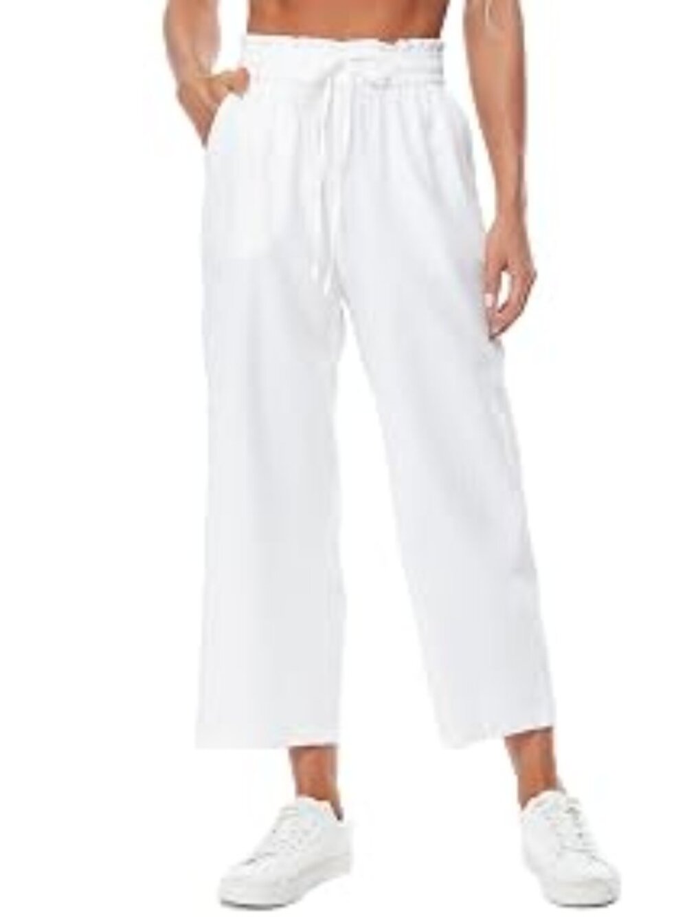 Womens White Linen Blend Wide Leg Drawstring Pants with Pockets NIP 3XL